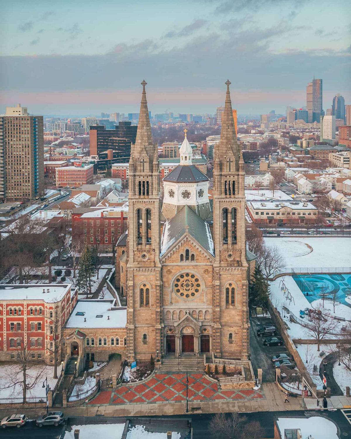 MISSION HILL: BOSTONs BASILICA IN WINTER framed WHT Blk 11x14