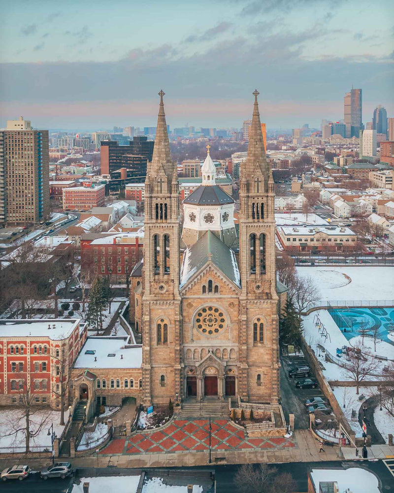 MISSION HILL: BOSTONs BASILICA IN WINTER framed WHT Blk 11x14